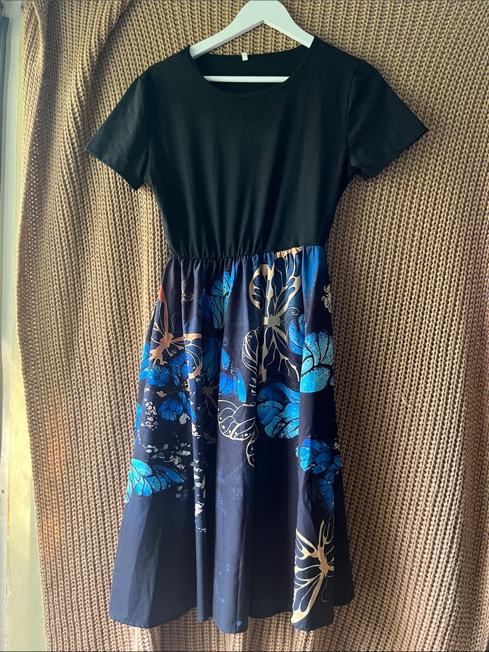 Girls' Black Top Navy Floral Midi Dress